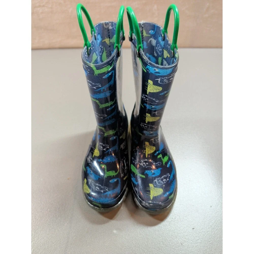 Kids Dinosaur Print Rubber Rain Boots Blue Green‎ Waterproof Pull On Size 7